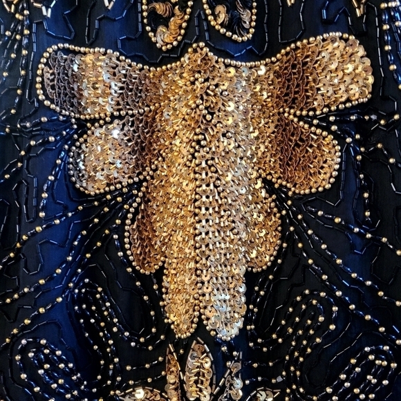 Vintage 80's Small 100% Silk Black Gold Beaded Cocktail Dress Wedding Prom - Picture 4 of 7